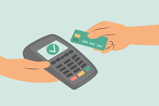 xDxAHand tient le terminal POS et une autre main paie par carte paiement sans contact