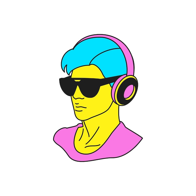 Vecteur y2k homme moderne avec des lunettes de soleil et des écouteurs personnage de dessin animé de style groovy icône vectoriel illustration plate joueur de cyberspace dj masculin écoutant de la musique dans des écouteur autocollant à la mode pour l'impression de t-shirt