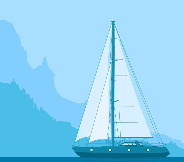 Vecteur yacht bleu naviguant dans la mer près de la côte rocheuse paysage avec yacht de luxe