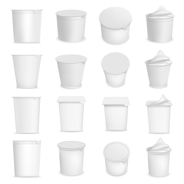 Yaourt tasse boîte dessert emballage maquette ensemble. Illustration réaliste de 16 maquettes d&#39;emballage de boîte de dessert de tasse de yaourt pour le web