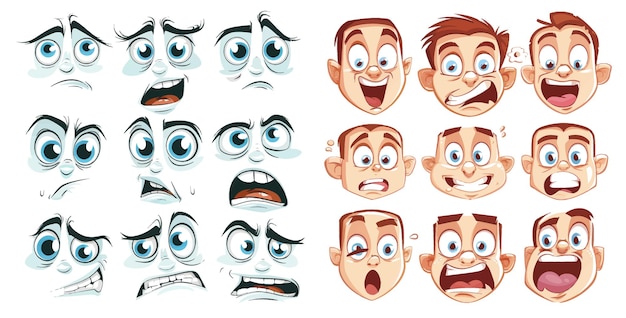 Vecteur des yeux et une bouche expressifs, des sourires, des pleurs et des expressions faciales de personnage surpris.