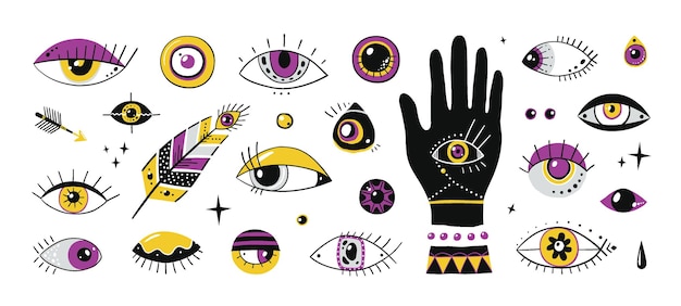 Yeux Dessinés à La Main. Griffonnez Des Symboles Ornementaux Contemporains, Des éléments à La Mode Magiques Maléfiques, Des étoiles à La Main Et Des Perles. Vector Set Oeil De Talismans Différents Ethnique Graphique Isolé