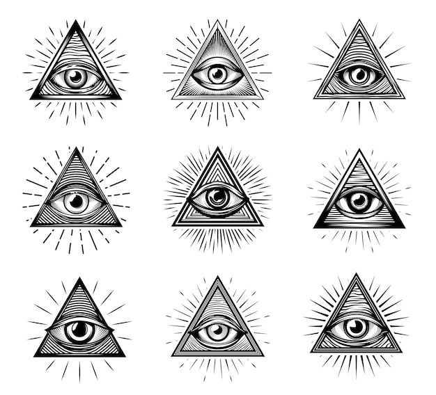 Yeux Illuminati Avec Des Pyramides Maçonnes Symboles De Providence Triangulaires Avec Tous Les Yeux Voyants De Dieu Et Des Croquis De Lumière De Gloire Gravure Vectorielle Tatouage Religion ésotérique Occulte Et Amulettes Magiques Alchimiques