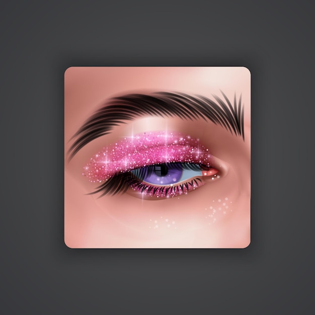 Yeux réalistes avec des ombres à paupières brillantes de couleur rose avec une texture scintillante