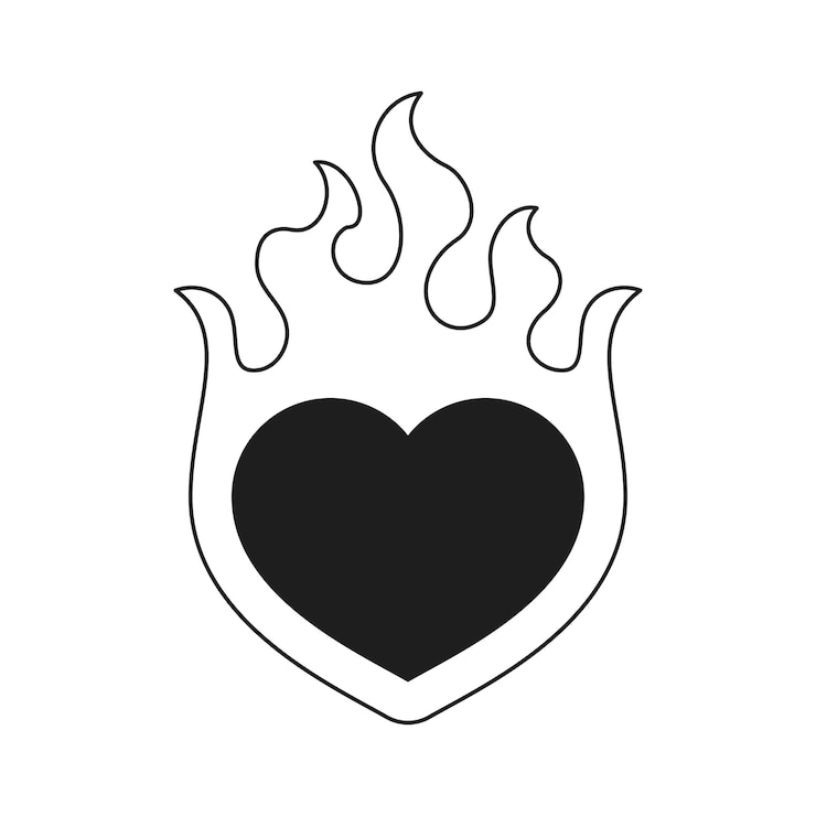 Vecteur yk flamme brûlante cœur amour romantique et passion ligne monochrome vecteur d'icône rétro groovy