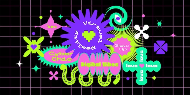 Yk rétro pop art autocollants au néon ensemble minimal futuriste collection d'éléments funky abstrait néo