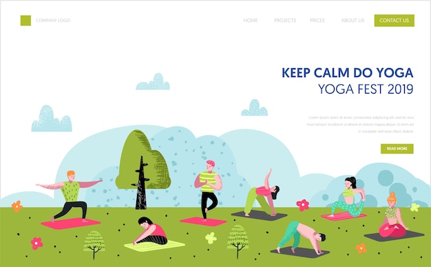 Yoga Dans Le Modèle De Page De Destination Du Parc. Entraînement En Plein Air Personnages De Personnes Actives Méditant, Faisant Du Yoga Pour Un Site Web Ou Une Page Web. Modification Facile. Illustration Vectorielle