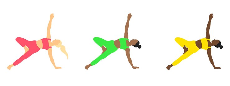 Vecteur yoga féminin pose asiatique africain européen dans un style plat de dessin animé
