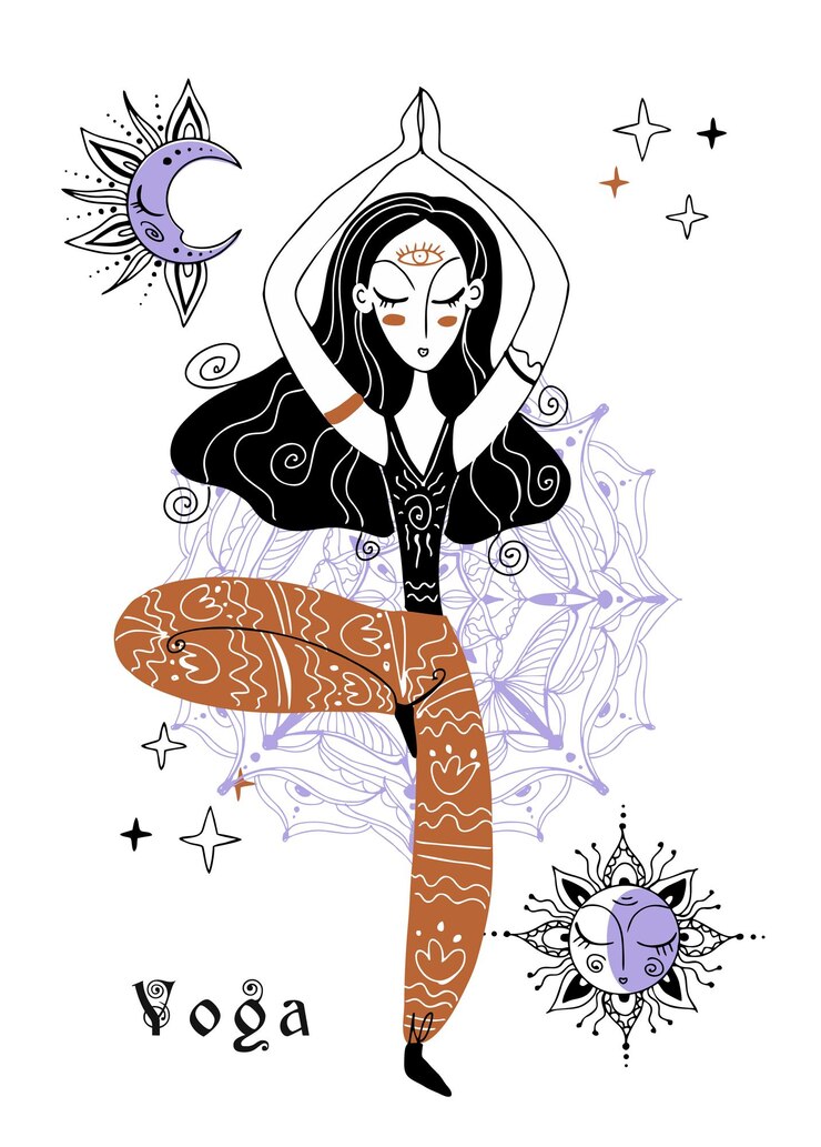 Vecteur yoga une fille en méditation ciel et lune vecteur ésotérique