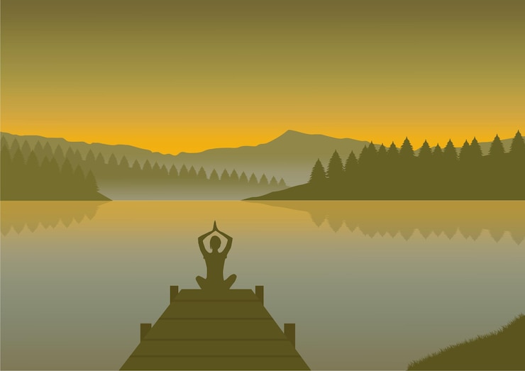 Vecteur yoga sur le lac dans les montagnes au coucher du soleil. illustration vectorielle