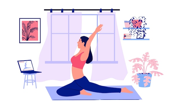 Yoga En Ligne Fille De Dessin Animé Faisant Des Exercices De Sport Avec Des Instructions Vidéo Jeune Femme Dans La Pose D'asana Regardant L'entraîneur En Direct Concept D'entraînement à Domicile Illustration Vectorielle De Mode De Vie Actif