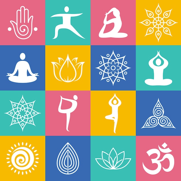 Vecteur le yoga pose des symboles de yoga d'icônes et des éléments de conception