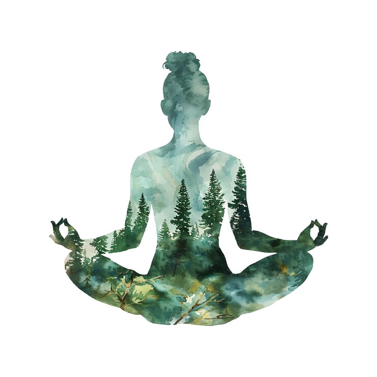 Vecteur yoga shilouette avec une scène forestière à l'intérieur d'une illustration vectorielle en aquarelle