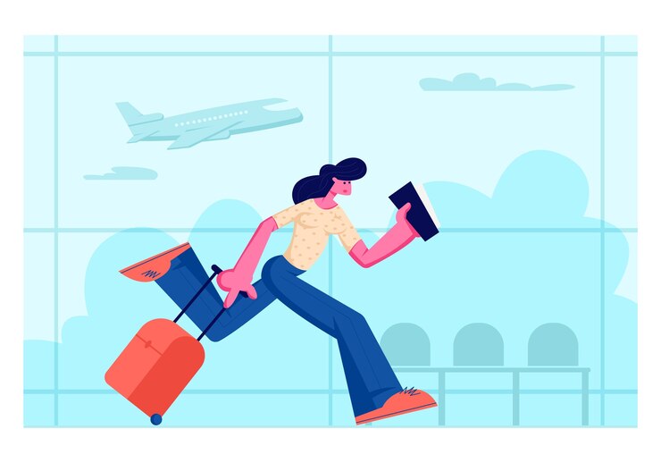 Vecteur young woman character holding ticket dans les mains en cours d'exécution avec des bagages dans la zone d'attente du terminal de l'aéroport avec avion en vol