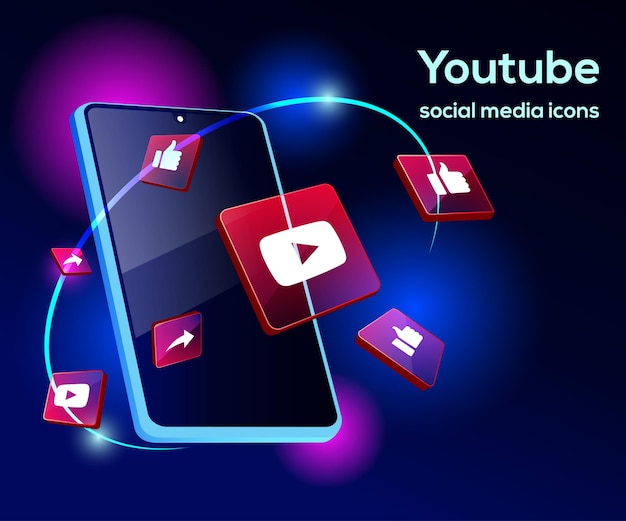 Youtube illsutration 3d avec smartphone sophistiqué et icônes