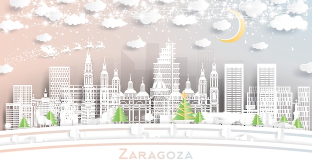 Vecteur zaragoza espagne l'horizon de la ville d'hiver dans le style découpé en papier avec des flocons de neige lune et guirlande au néon concept de noël et de la nouvelle année père noël en traîneau zaragoza paysage urbain avec des points de repère