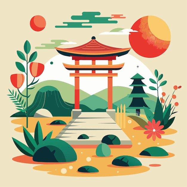 Vecteur zen garden serenity trouvez la paix au milieu du chaos avec un jardin japonais minimaliste