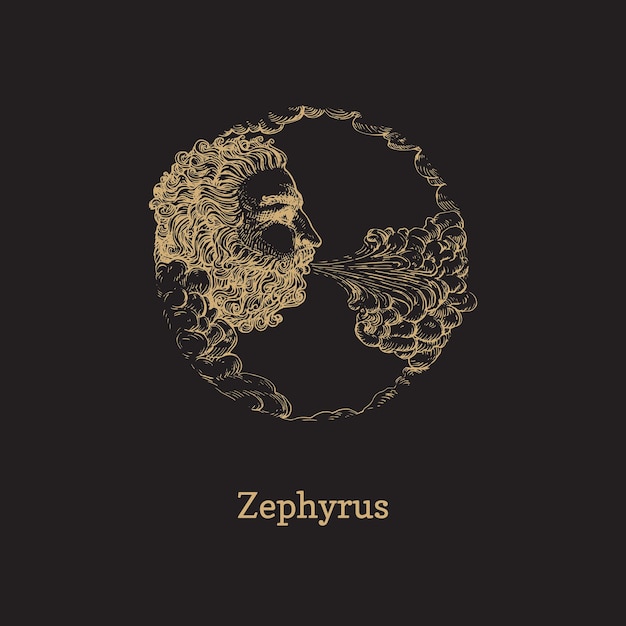 Zephyrus Vent D'ouest Dessiné à La Main Dans Le Style De Gravure Illustration Graphique Rétro Vectorielle De La Divinité Mythologique Sur Fond Noir