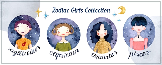 Zodiaque Filles Horoscope Signes éléments Aquarelle Isolés Sertis De Lettrage