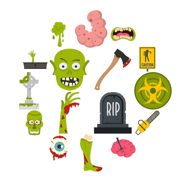 Zombie Icons Set In Flat Style