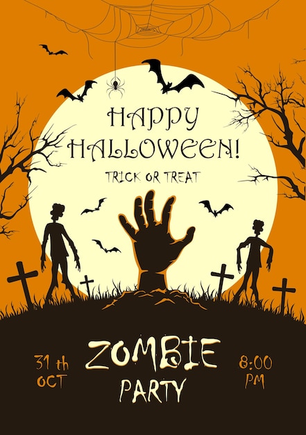 Zombie Party sur fond Orange Halloween avec la main