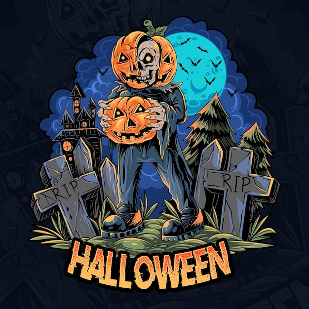 Les zombies d'Halloween apportent des citrouilles d'Halloween la nuit