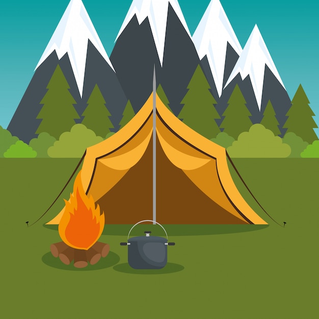 zone de camping avec tente et feu de camp