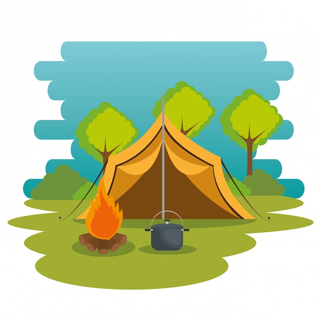 zone de camping avec tente et feu de camp