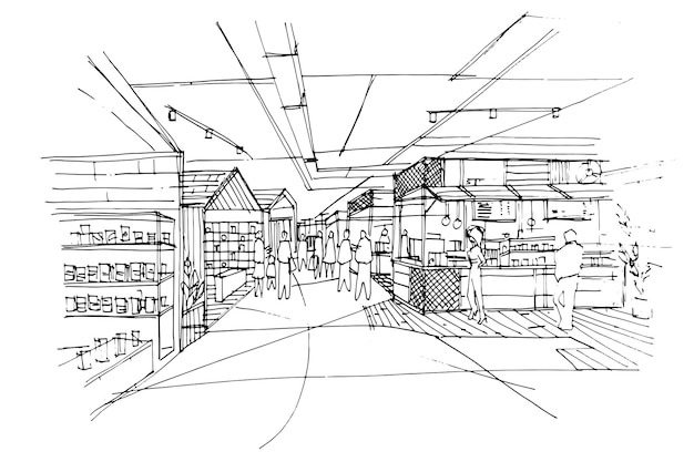 Zone du couloir du centre commercial Les restaurants et les magasins dessinent un dessinDesign modernevecteurIllustration 2d