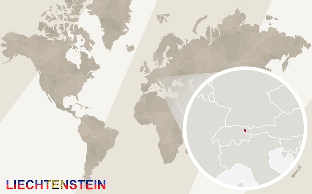 Zoom Sur La Carte Et Le Drapeau Du Liechtenstein. Carte Du Monde.