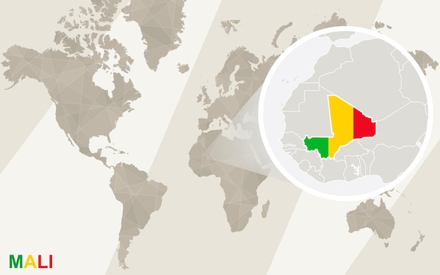 Zoom Sur La Carte Et Le Drapeau Du Mali. Carte Du Monde.