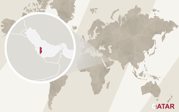 Zoom Sur La Carte Et Le Drapeau Du Qatar. Carte Du Monde.