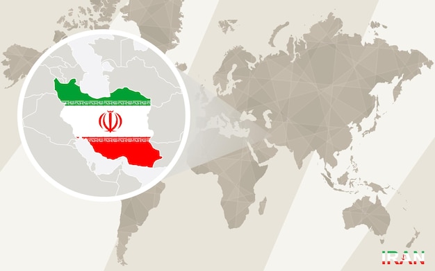 Vecteur zoom sur la carte et le drapeau de l'iran. carte du monde.