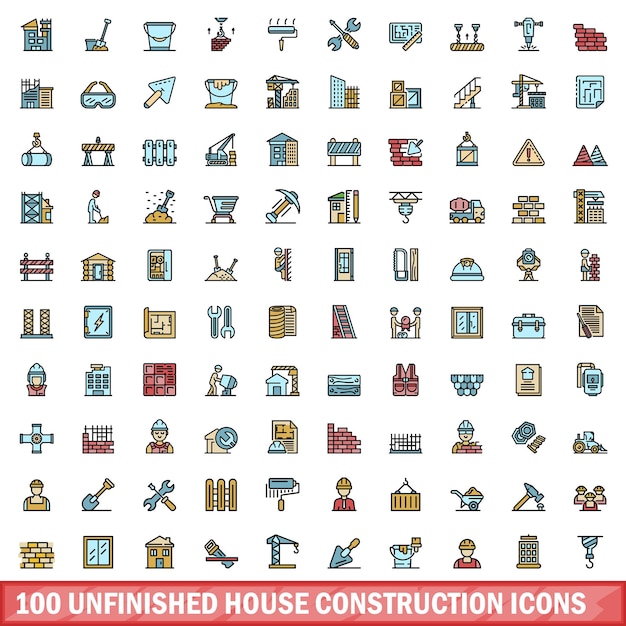 100 unfinished house construction icons set color line style
