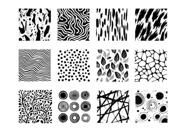 12 grunge monochrome black texture pattern collection vector illustrations