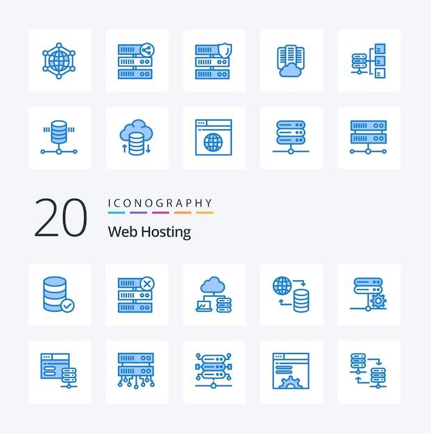20 web hosting blue color icon pack like setting network network database service
