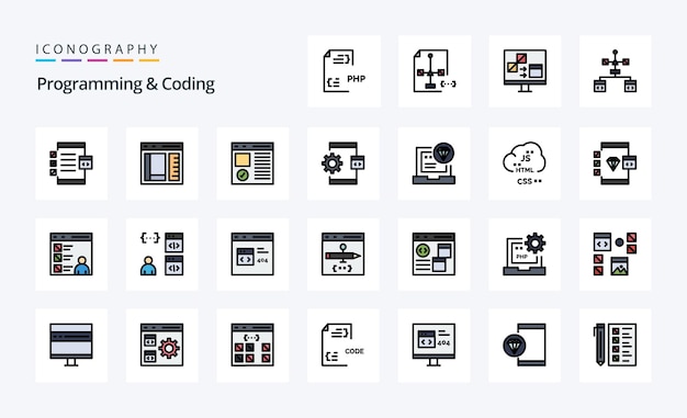 25 Programming And Coding Line Filled Style icon pack Vector iconography illustration