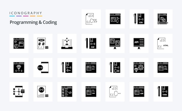 25 programming and coding solid glyph icon pack vector icons illustration