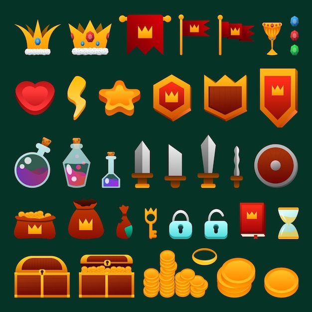 2d game set of objects money chest crown gold diamonds