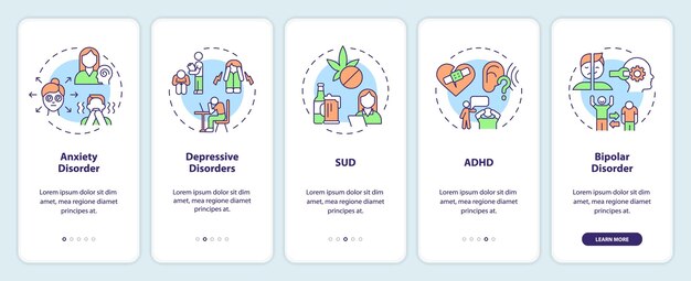 2D icons representing behavioral therapy mobile app screen set Walkthrough 5 steps multicolor graphic instructions with linear icons concept UI UX GUI template