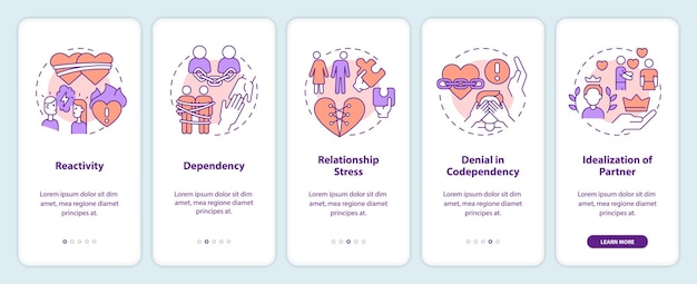 2D icons representing codependent relationship mobile app screen set Walkthrough 5 steps colorful graphic instructions with thin line icons concept UI UX GUI template