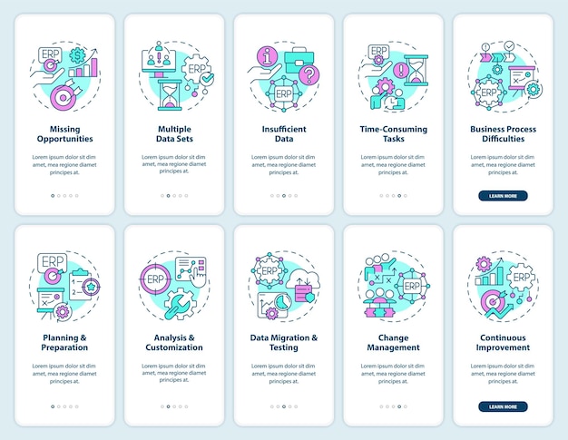 2d icons representing enterprise resource planning mobile app screen set walkthrough 5 steps graphic instructions with thin line icons concept ui ux gui template
