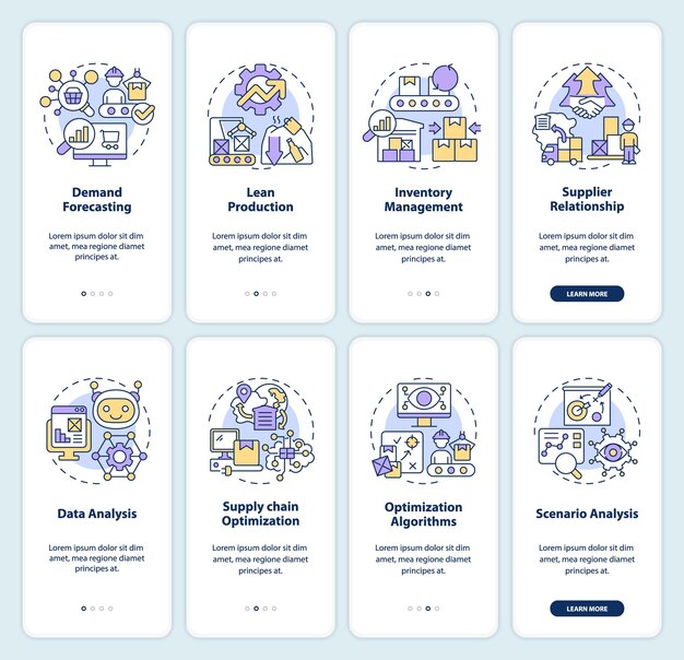 2d icons representing overproduction mobile app screen set walkthrough 4 steps colorful graphic instructions with thin line icons concept ui ux gui template