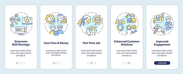 2D icons representing unretirement mobile app screen set Walkthrough 5 steps colorful graphic instructions with line icons concept UI UX GUI template
