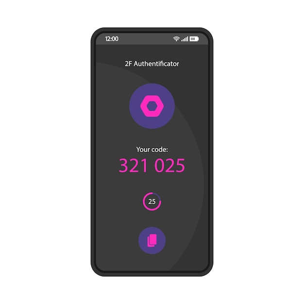 2F authenticator smartphone interface vector template Mobile security app page black design layout Multi factor authentication screen Flat UI for application Two steps verification Phone display