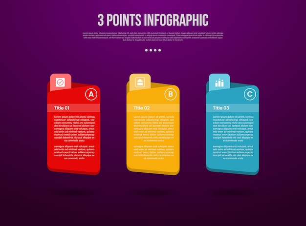 3 points or step process infographic with creative folder box container with modern dark style for slide presentation
