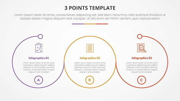 3 points stage template infographic concept for slide presentation with big outline circle circular cycle with 3 point list with flat style
