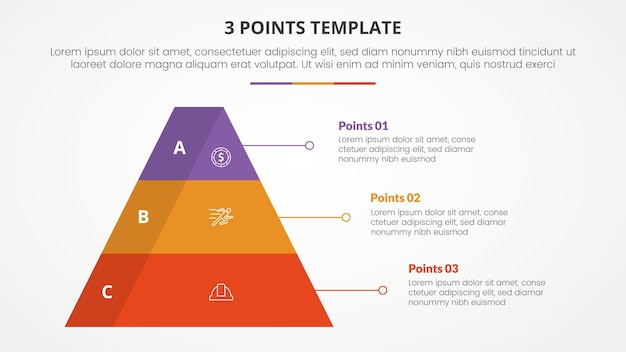 3 points stage template infographic concept for slide presentation with pyramid shape with 3d shadow badge with 3 point list with flat style