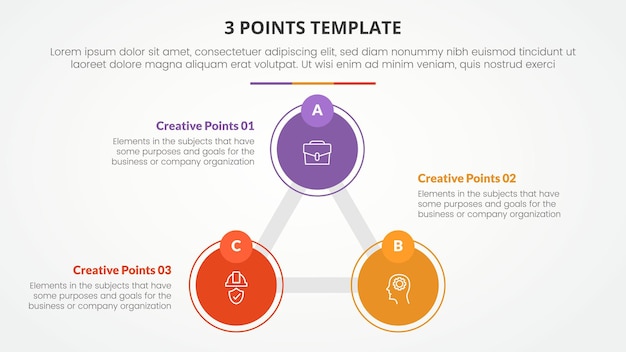 3 points stage template infographic concept for slide presentation with triangle cycle circular big circle line connected with 3 point list with flat style