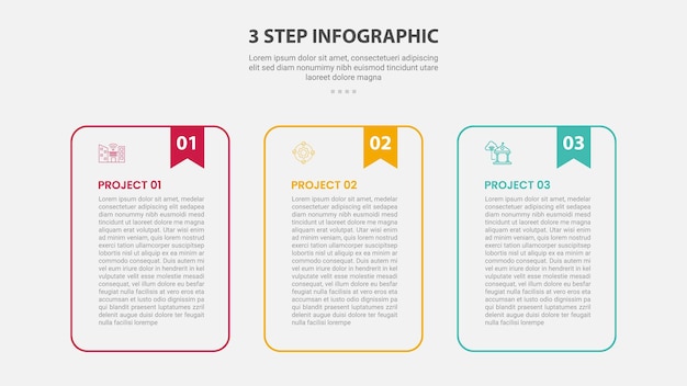 3 points template infographic outline style with 3 point stage or step template with round container table with bookmark header for slide presentation